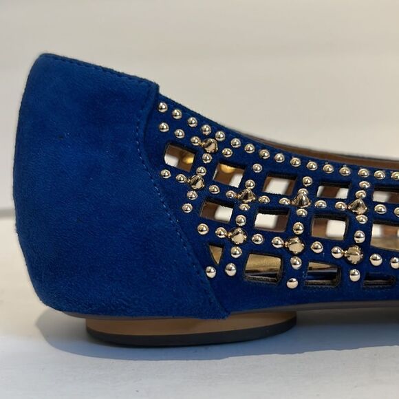 Pazzion Blue Suede Lambskin Gold Stud Embellishment & Gold Metal Toe Flats SZ 41 - Picture 7 of 15